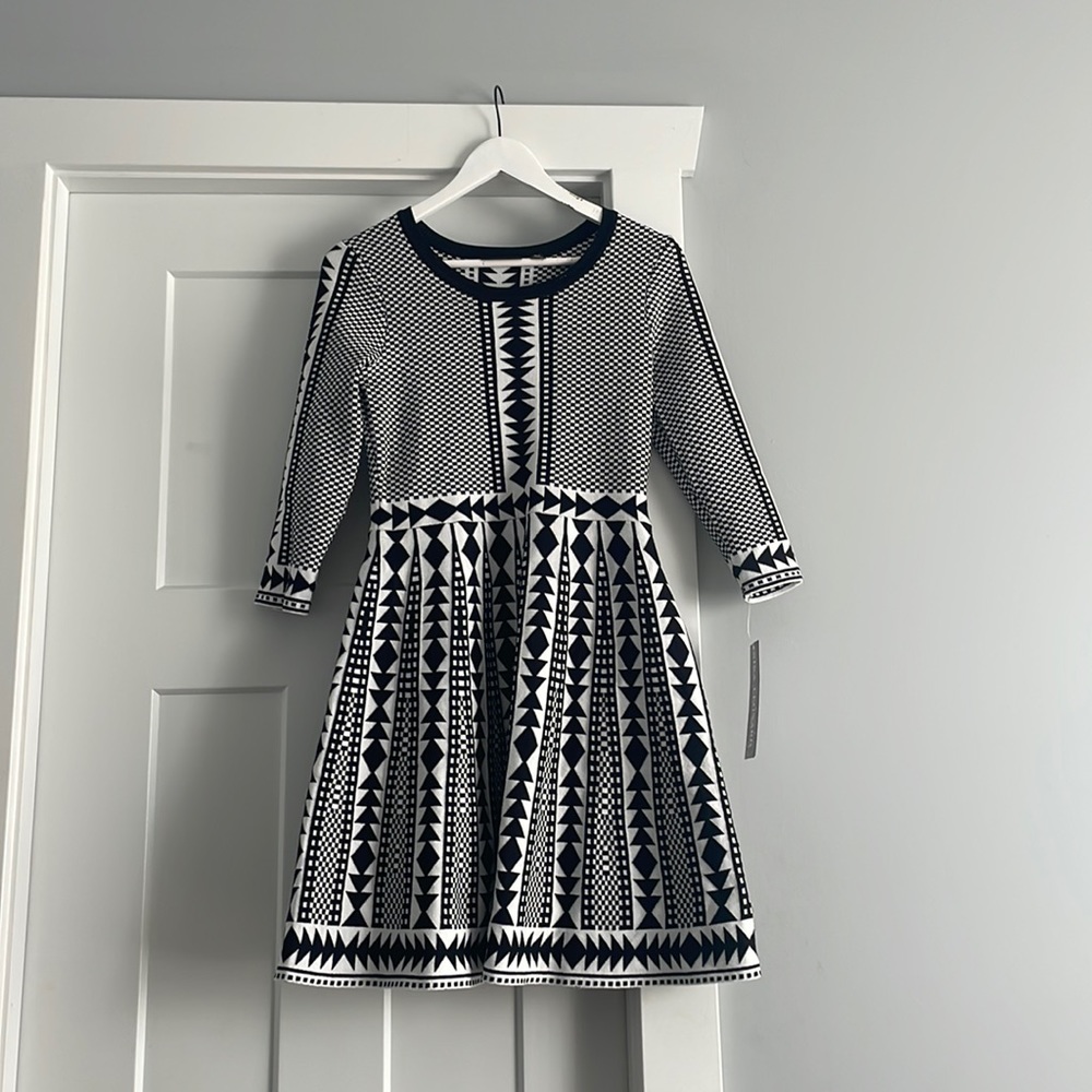 Nina Leonard size S.   Black and white geometric knit dress.